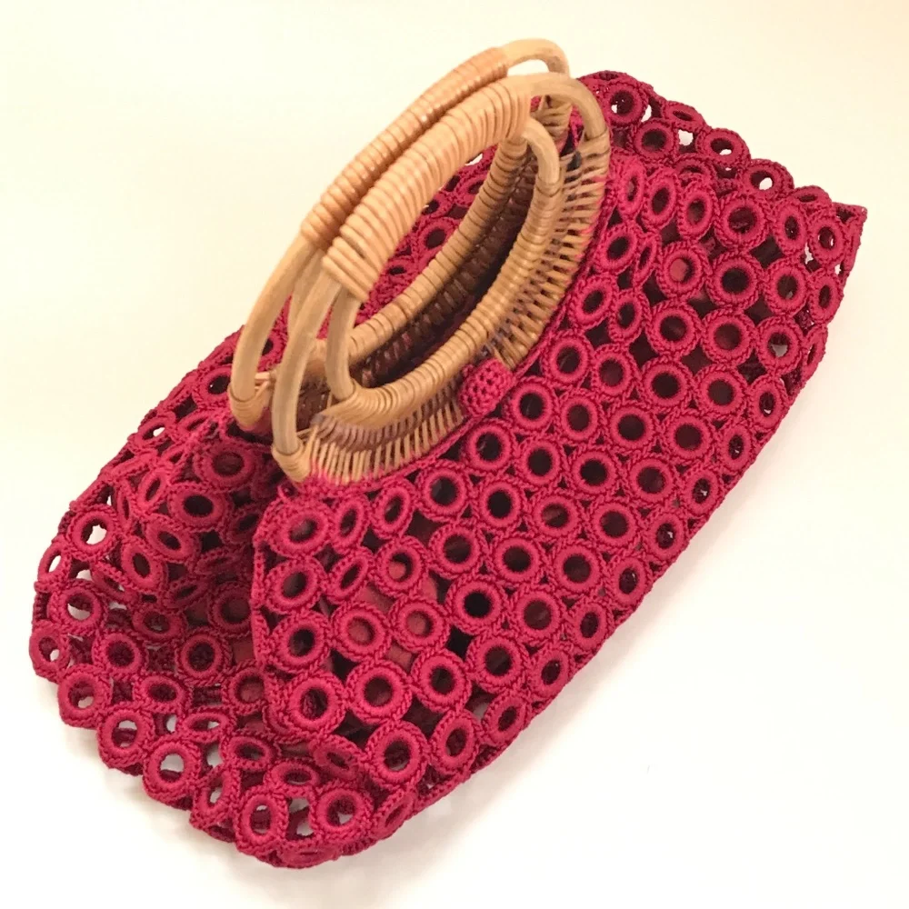 ENRICO VERSARI Italian Handcrafted Crochet & Rattan Satchel Red Bag EUC
